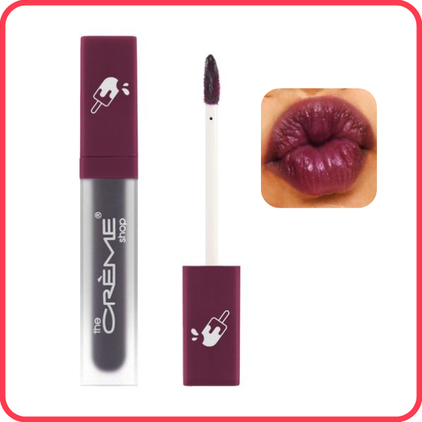 Open tube of The Crème Shop Lip Juice Stain against a white background with a bright pink border
