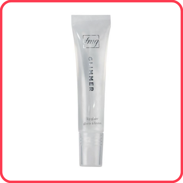 Tube of Glimmer Lip Glaze in the clear shade Shine, against a white background with a bright pink border