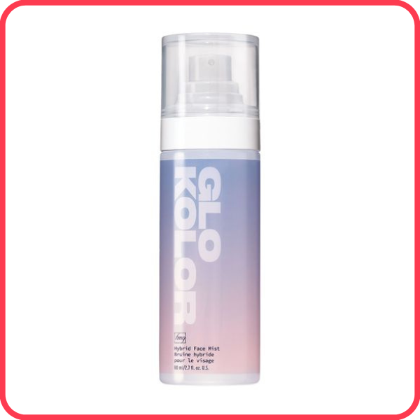 Bottle of GloKolor Hybrid Face Mist against a white background, with a bright pink border