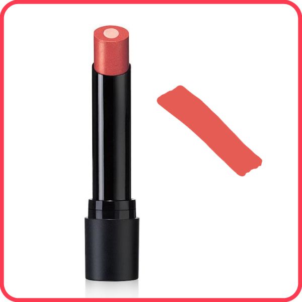 Open tube of Cashmere Essence Lipcream in the shade Honey Mandarin next to a virtual swatch, against a white background with a bright pink border