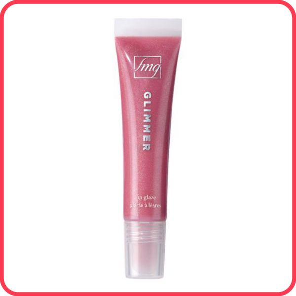 Tube of Glimmer Lip Glaze in the shade Sheen, against a white background with a bright pink border