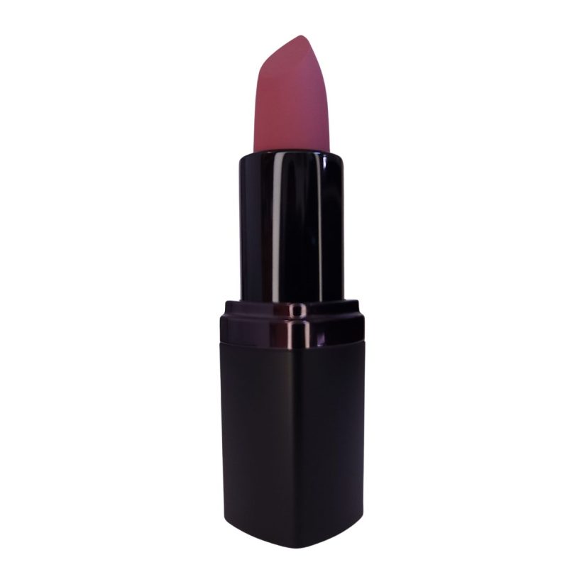 Open tube of lipstick with a black plastic tube and a bright mauve shade named "Sunset Mauve", against a white background