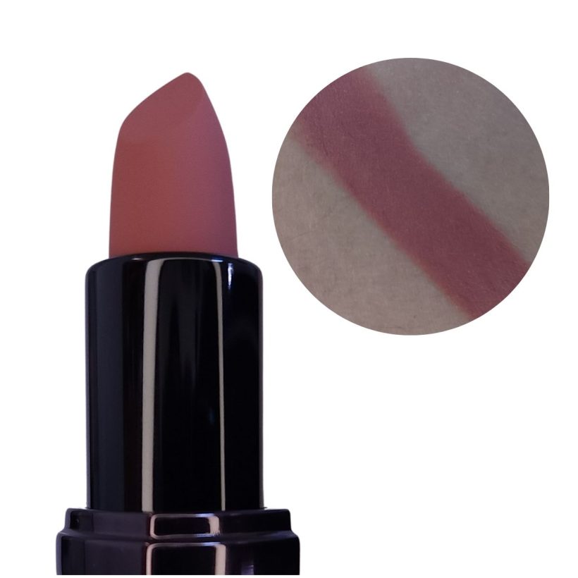 Open tube of mauve brown lipstick with only the top half showing, next to a arm swatch of the same shade